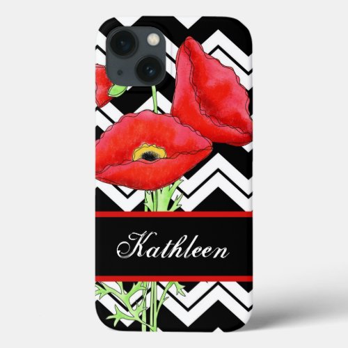 Red Poppy Personalized Black  White Chevron ZizZag iPhone 13 Case