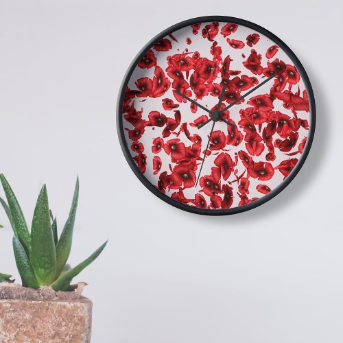 Red Poppy Petal Pattern Modern Floral Wall Clock