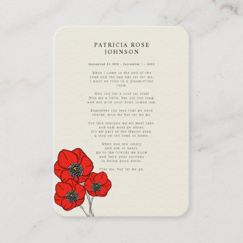 Red Poppy Photo Sympathy Funeral Memorial Card