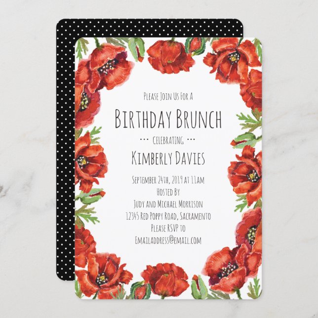 Red Poppy Polka Dot Birthday Brunch Invitation (Front/Back)