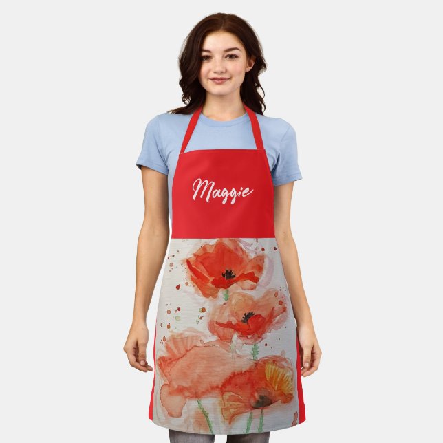 Red Poppy Poppies Flanders Watercolor Painting  Apron (Worn)
