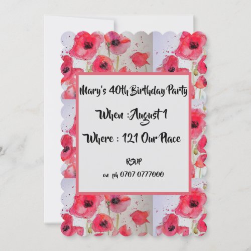 Red Poppy Poppies Floral 40th Birthday Invitation