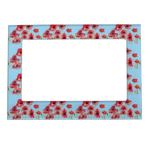 Red Poppy Poppies Floral Light Blue Magnetic Frame