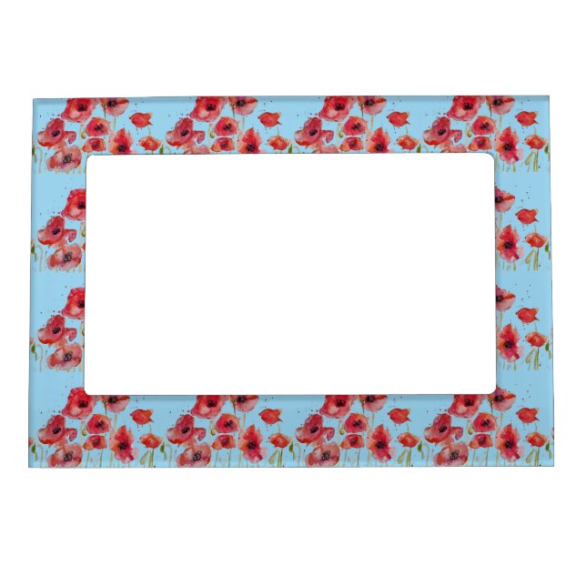 Red Poppy Poppies Floral Light Blue Magnetic Frame (Front)