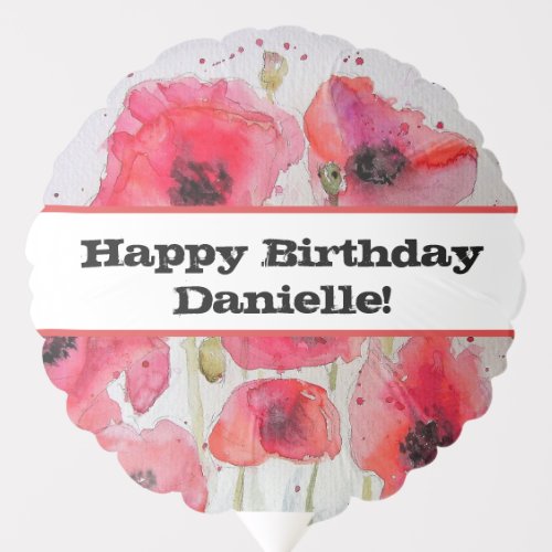 Red Poppy Poppies floral Watercolor Birthday Balloon