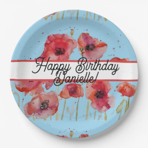 Red Poppy Poppies floral Watercolor Birthday Paper Plates