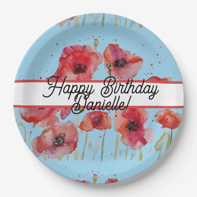 Red Poppy Poppies floral Watercolor Birthday Paper Plates (Front)