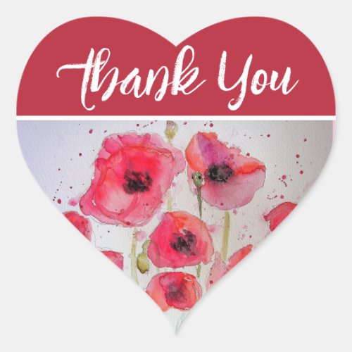 Red Poppy Poppies flower Watercolor Thank You Heart Sticker