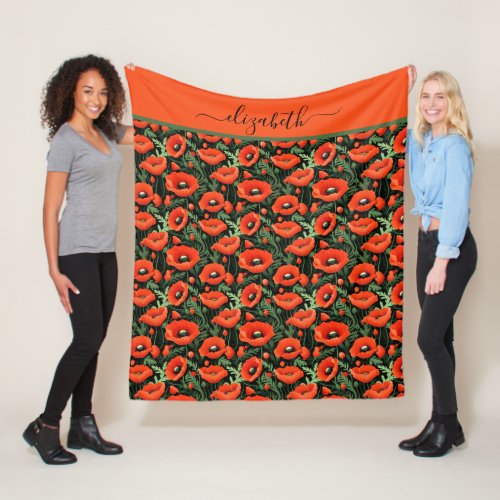 Red Poppy Poppies Flowers Floral Greenery Fleece Blanket