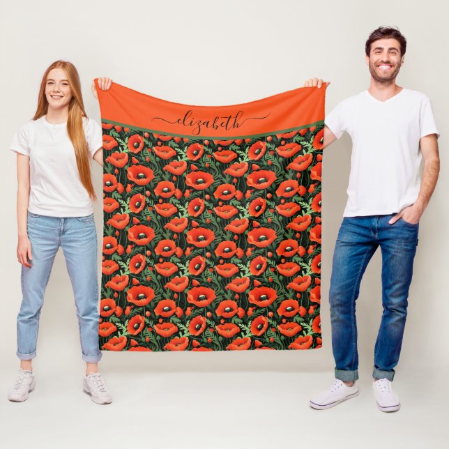 Red Poppy Poppies Flowers Floral Greenery Fleece Blanket (In Situ)