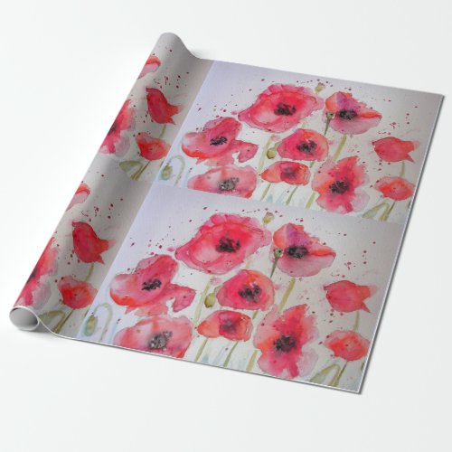 Red Poppy Poppies Party Watercolor Wrapping Paper