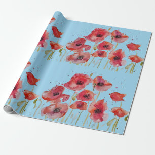 Red Poppy Poppies Party Watercolor Wrapping Paper