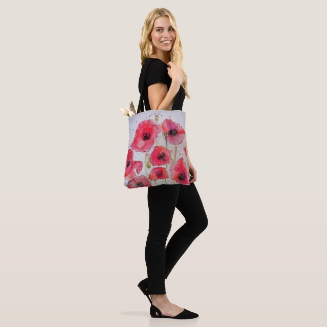 Red Poppy poppies Watercolor Grocery Tote Bag (On Model)