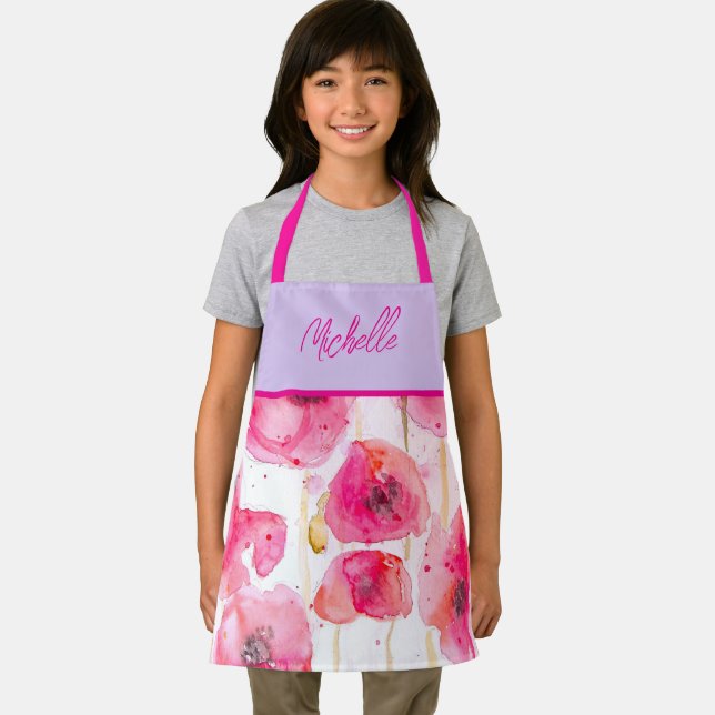 Red Poppy Poppies Watercolor Painting Girls Apron (Insitu)