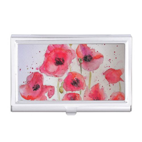 Red Poppy poppies Watercolour Business Card Case