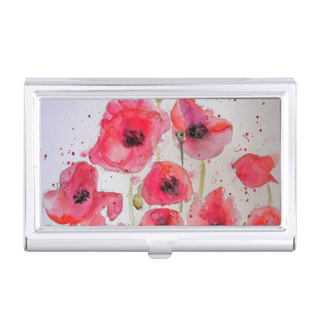 Red Poppy poppies Watercolour Business Card Case (Front)