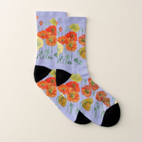 Red Poppy Poppies Watercolour Lavender floral Socks