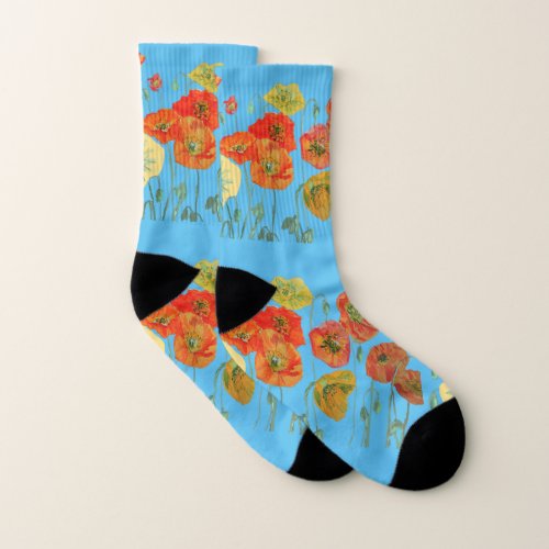 Red Poppy Poppies Watercolour Light Blue floral Socks