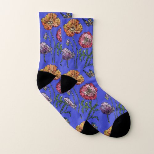 Red Poppy Poppies Watercolour Navy floral Socks