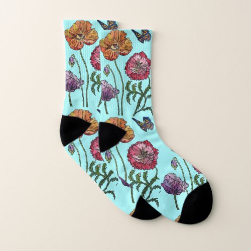 Red Poppy Poppies Watercolour Painting floral Socks