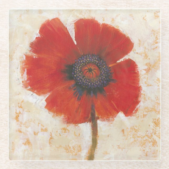 Red Poppy Portrait Glass Coaster (Front)