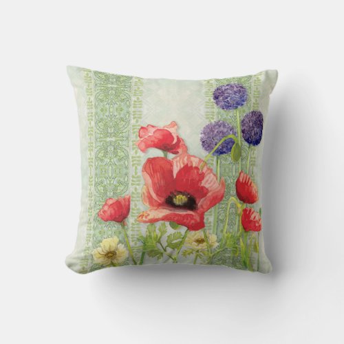 Red Poppy Purple Allium Nouveau Striped Home Decor Throw Pillow