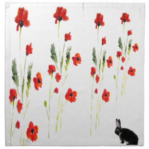 Red Poppy Rabbit Floral Cloth Napkin
