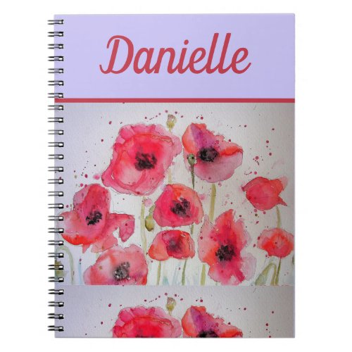 Red Poppy Red Flower Watercolour Art womans Name Notebook