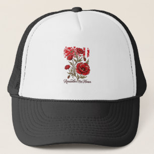 Red Poppy Remember And Honor Vintage Memorial Shir Trucker Hat