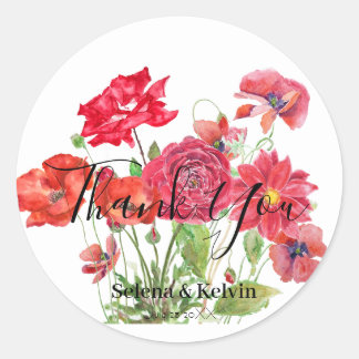 red poppy rose dahlia ranunculus bouquet classic round sticker