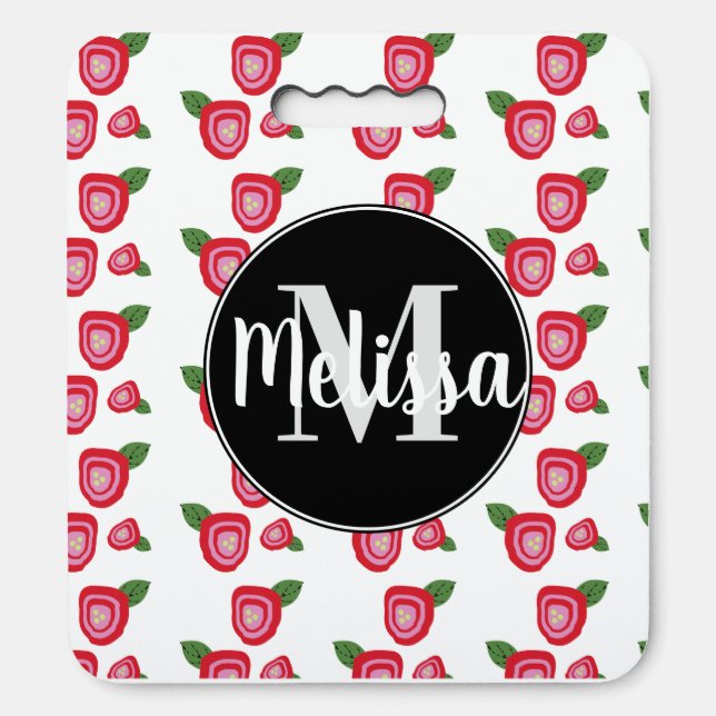 Red Poppy Roses Pattern Initial Name Seat Cushion (Front Vertical)