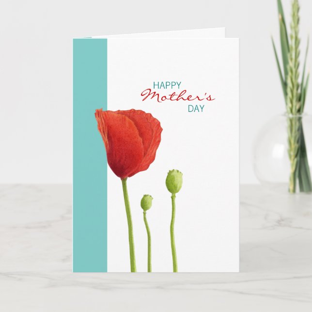 Red Poppy teal Mother's Day Card (Front)