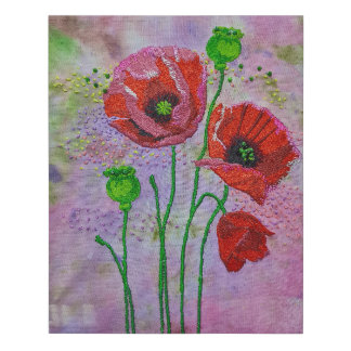 Red Poppy Textile Art Print | Original Embroidered