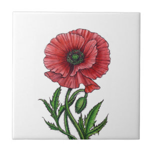 Red poppy, watercolor and ink ceramic tile