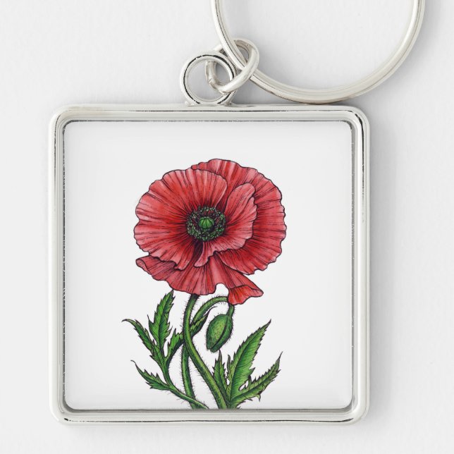 Red poppy, watercolor and ink keychain (Front)