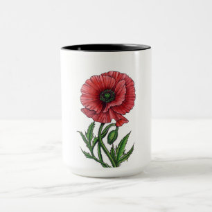 Red poppy, watercolor and ink mug