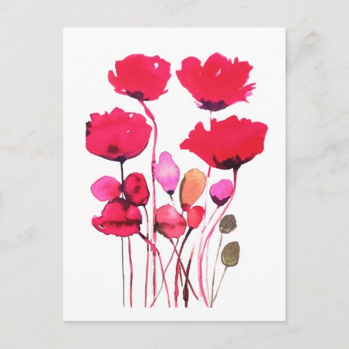 Red poppy watercolor botanical postcard