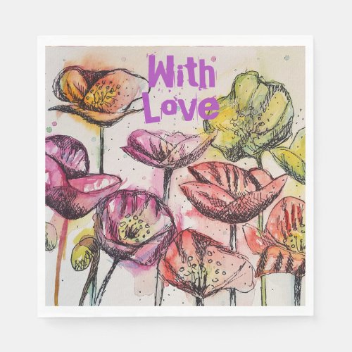 Red Poppy watercolor Bright Pink Floral Flowers Napkins