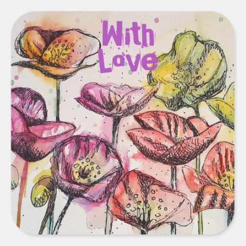 Red Poppy watercolor Bright Pink Floral Flowers Square Sticker