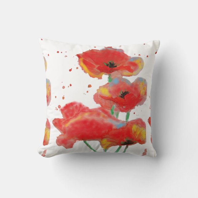 Red Poppy Watercolor Cushion (Front)