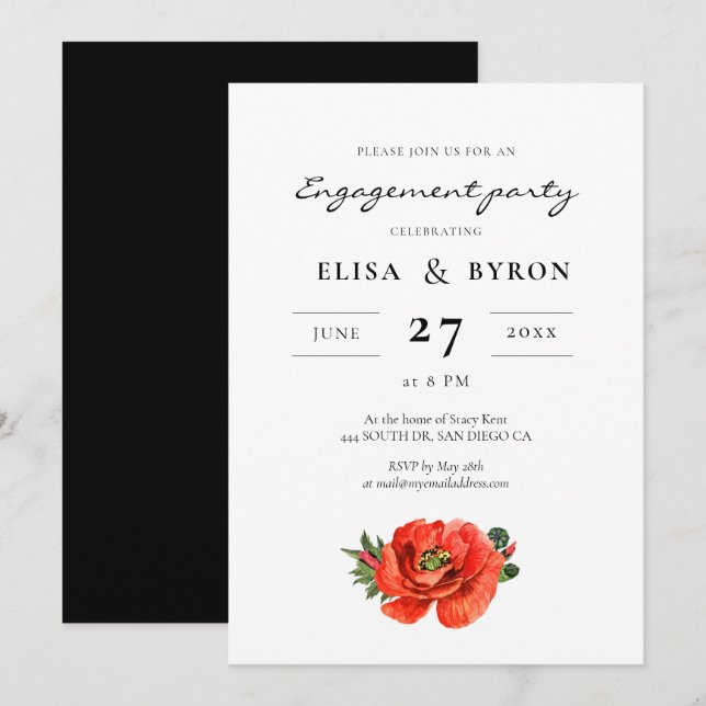 Red poppy watercolor engagement party invitation (Front/Back)