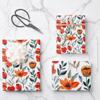 Red Poppy Watercolor Floral Wrapping Paper Sheets