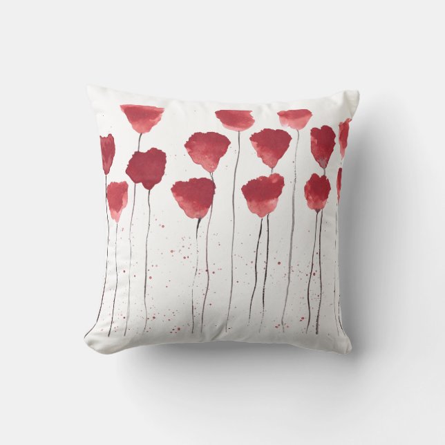 Red Poppy Watercolor Flower Botanical Art Throw Pi Pillow (Front)