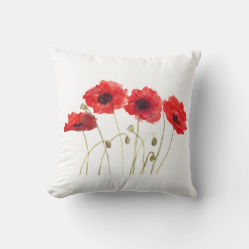 Red Poppy Watercolor Flower Botanical Art Throw Pillow