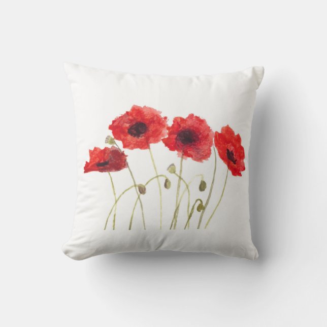Red Poppy Watercolor Flower Botanical Art Throw Pillow (Front)
