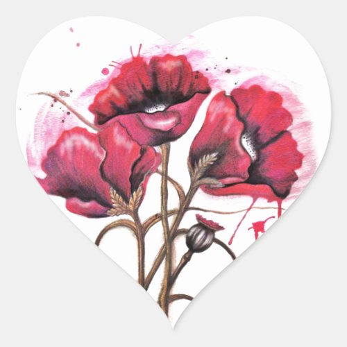 Red Poppy Watercolor Heart Sticker