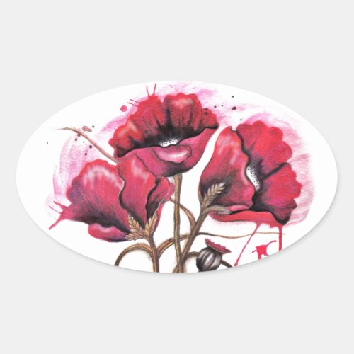 Red Poppy Watercolor Oval Sticker