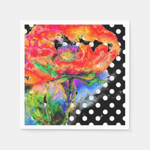 Red Poppy watercolor painting  polka dots Paper Napkins