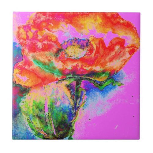 Red Poppy watercolor painting  Tile