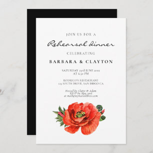 Red poppy watercolor rehearsal dinner invitation